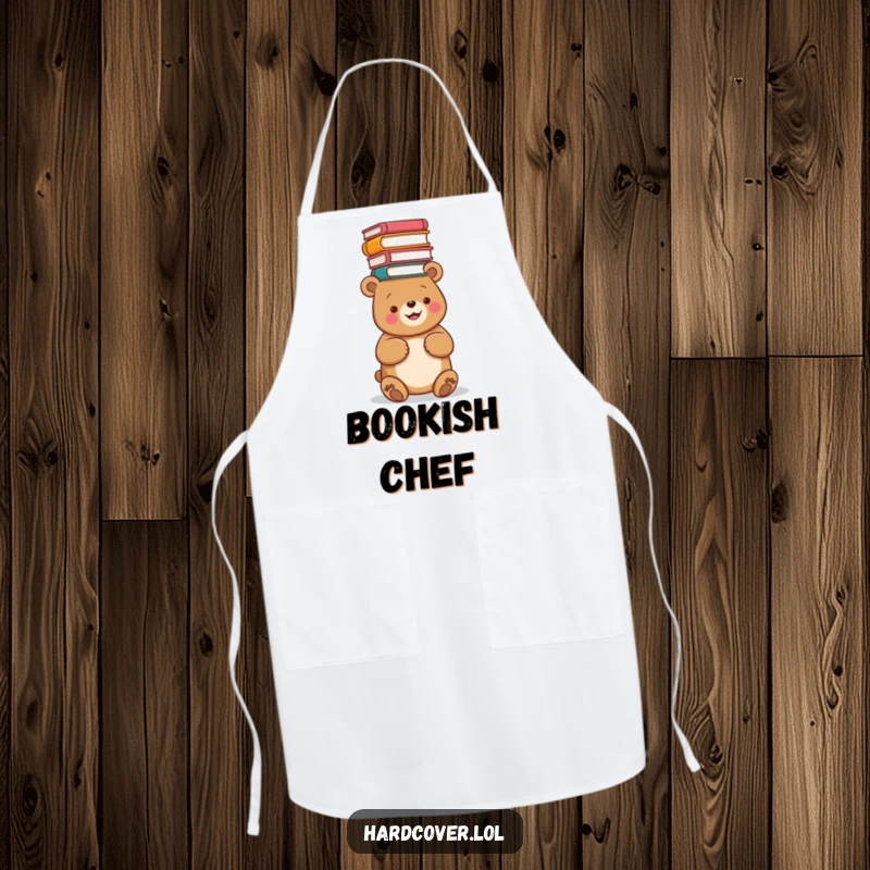 Funny apron designed with a happy bear balancing a stack of books on its head, perfect for themed kitchen fun.