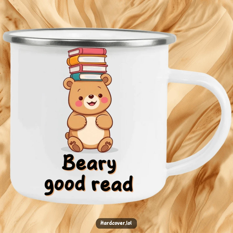 Funny camping mug showcasing a happy bear balancing a stack of books on its head, great for outdoor reading sessions.