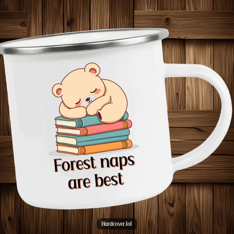 Funny sleepy bear illustration on an enamel camping mug, bear asleep on books, perfect for outdoor reading.
