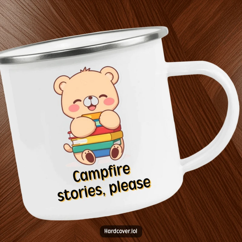 Funny bear cub character joyfully hugging a stack of colorful books, tail wagging, on a sturdy camping mug.