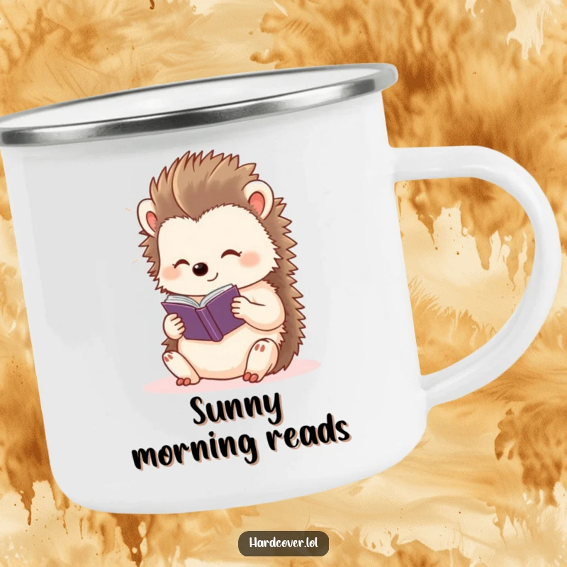 Funny content hedgehog character basking in light, reading a tiny storybook, on a sturdy camping mug.