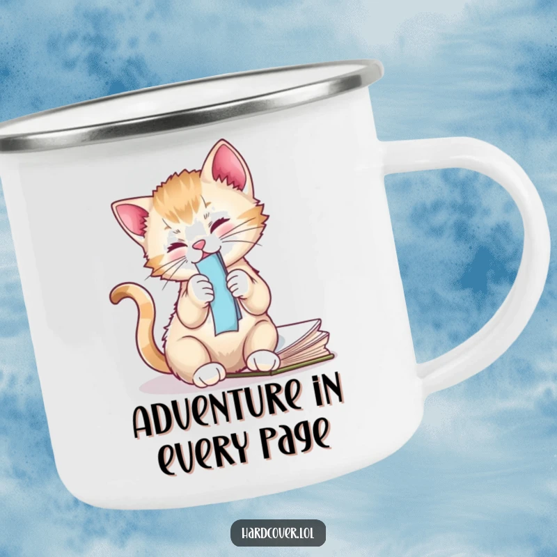 Funny kitten illustration on an enamel camping mug, cat is playfully batting a bookmark, ideal for outdoor fun.
