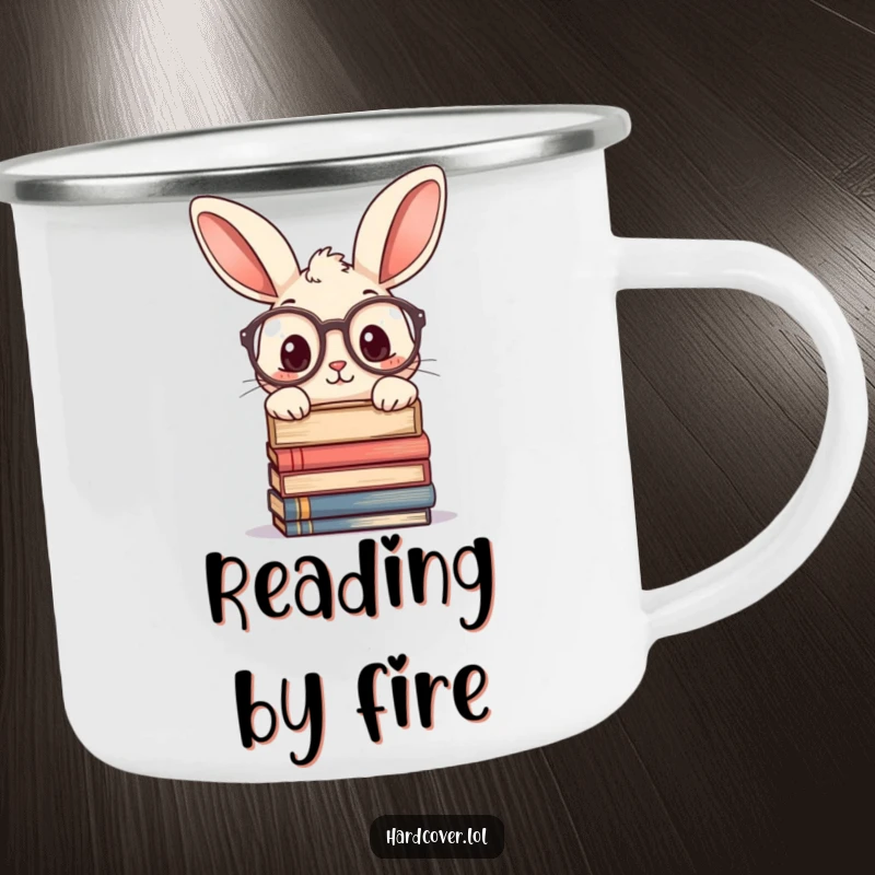 Funny camping mug featuring a curious rabbit wearing large glasses, peeking over a stack of books. Durable and humorous outdoor drinkware.