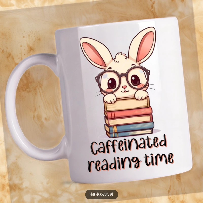 Funny mug: a curious rabbit wearing large glasses, peeking over a tall stack of books with an inquisitive expression. Scholarly and humorous.