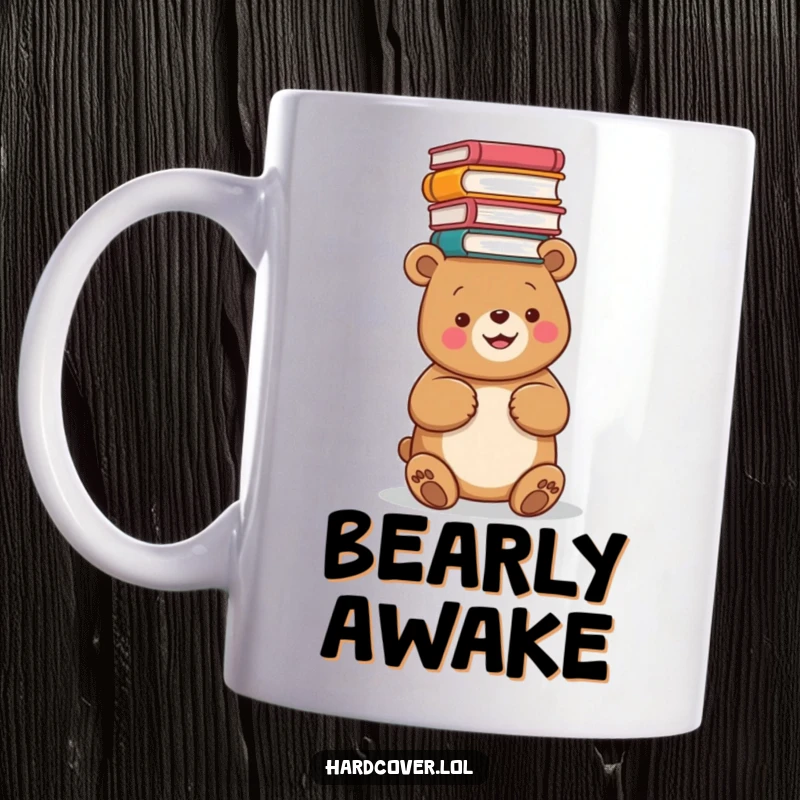 Funny mug featuring a happy bear balancing a precarious stack of books above its head, celebrating literary adventures.