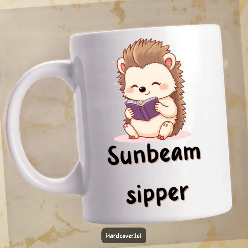 Funny content hedgehog character basking in light, reading a tiny storybook, on a ceramic mug.