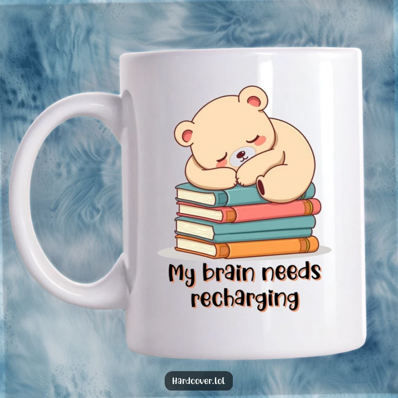 Funny sleepy bear napping peacefully on a tall stack of books, embracing the joy of reading and cozy comfort.
