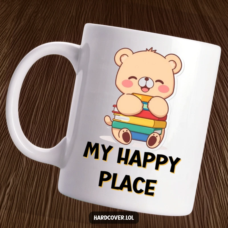 Funny bear cub character joyfully hugging a tall stack of colorful books, tail wagging, on a ceramic mug.