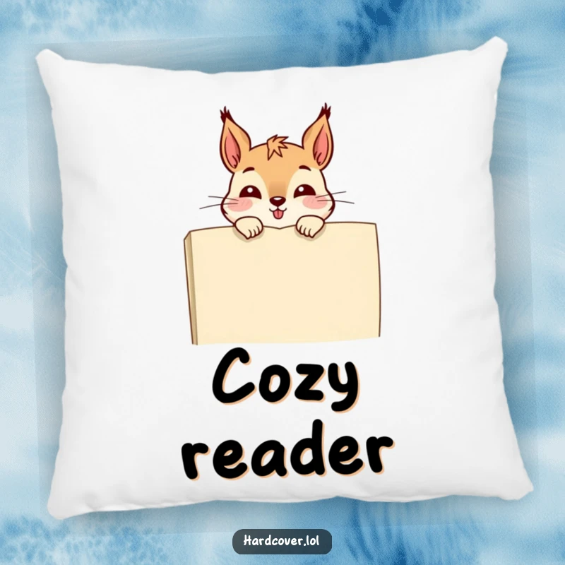 Funny pillow featuring a giggling squirrel peeking over a book, offering comfort and a touch of playful humor.
