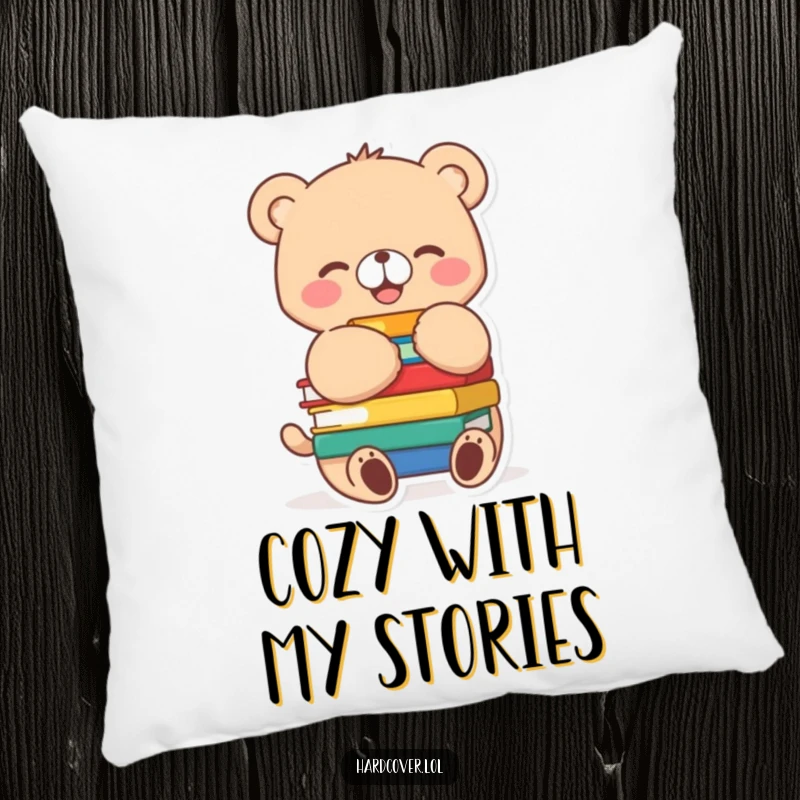 Funny bear cub character joyfully hugging a stack of colorful books, tail wagging, on a soft decorative pillow.