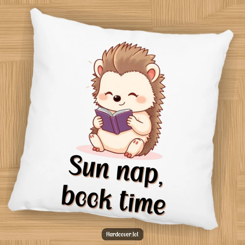 Funny content hedgehog character basking in light, reading a tiny storybook, on a soft decorative pillow.