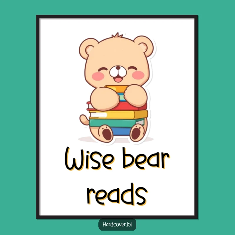 Funny Bear Cub Reading Digital Print: Joyful Book Hugging Character Art