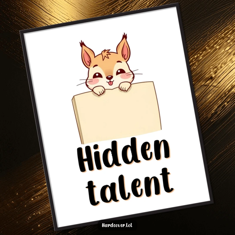 Funny digital art print of a giggling squirrel peeking over a book, downloadable for instant humorous decor.