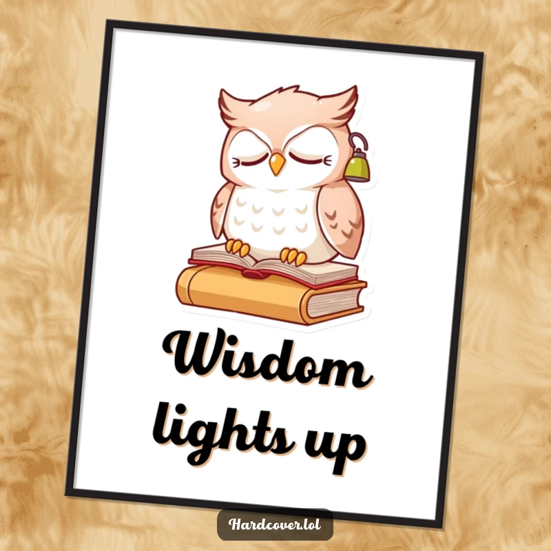Funny sleepy owl character perched on an open book, wearing a small lit reading lamp, as a digital art print.