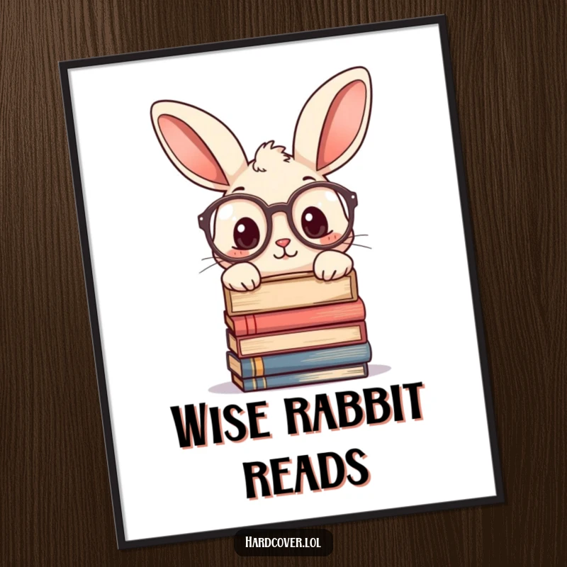 Funny digital art print of a curious rabbit character wearing large glasses, peeking over a stack of books. Instant download for intellectual decor.