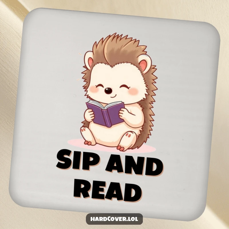 Funny content hedgehog character basking in light, reading a tiny storybook, on a protective drink coaster.