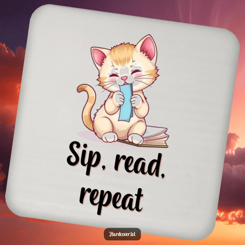 Funny kitten design on a drink coaster, cat is playfully batting a bookmark from a novel, protecting furniture.