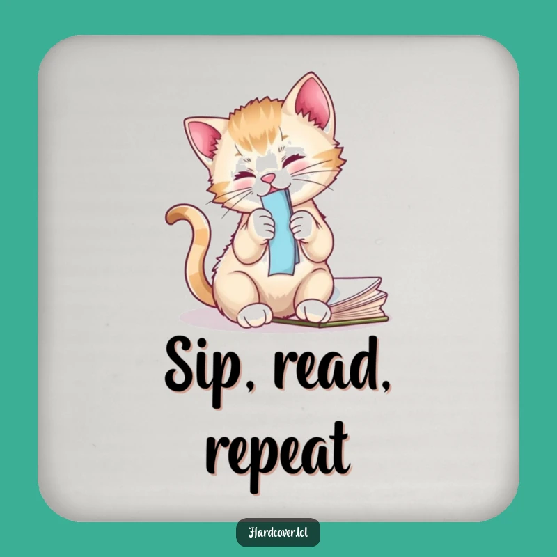 Funny Kitten Drink Coaster - Playful Cat Decor Gift for Book Lovers