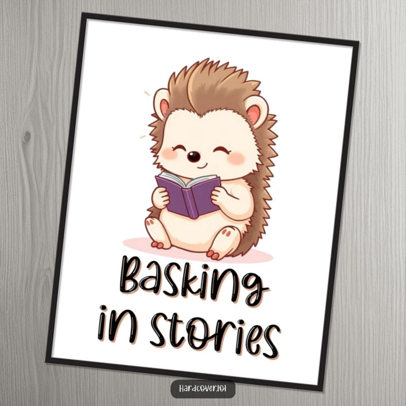 Funny content hedgehog character basking in light, reading a tiny storybook, displayed as wall art poster.