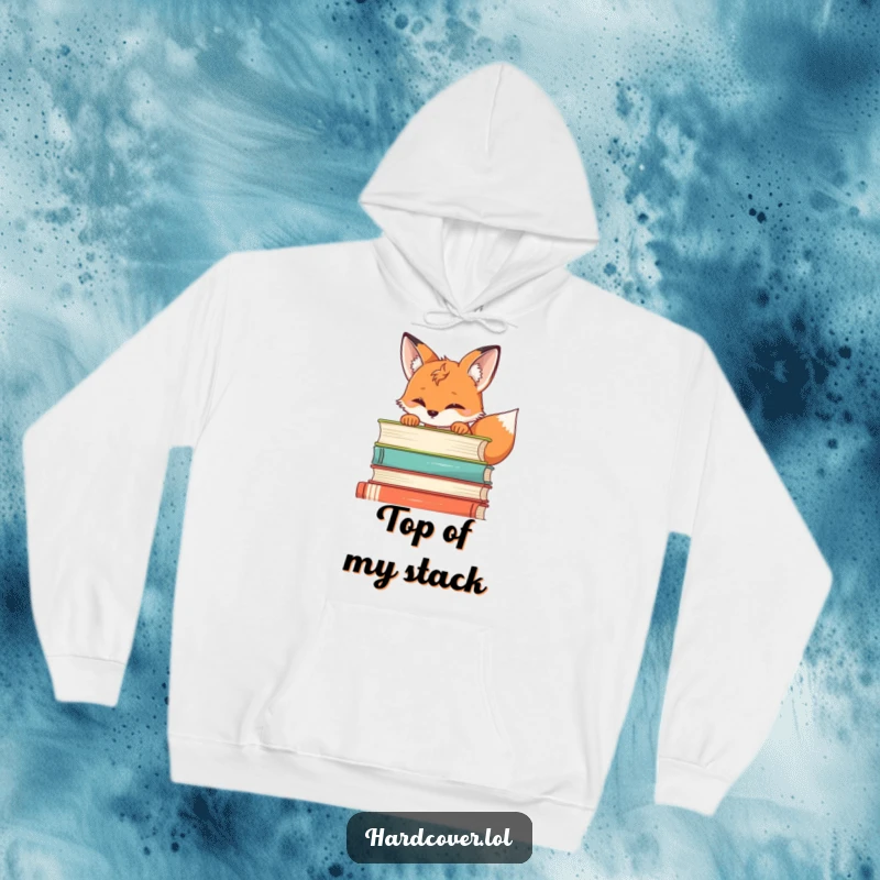 Funny fox hoodie featuring a curious fox peeking over a stack of books, providing warmth and a touch of playful intelligence.