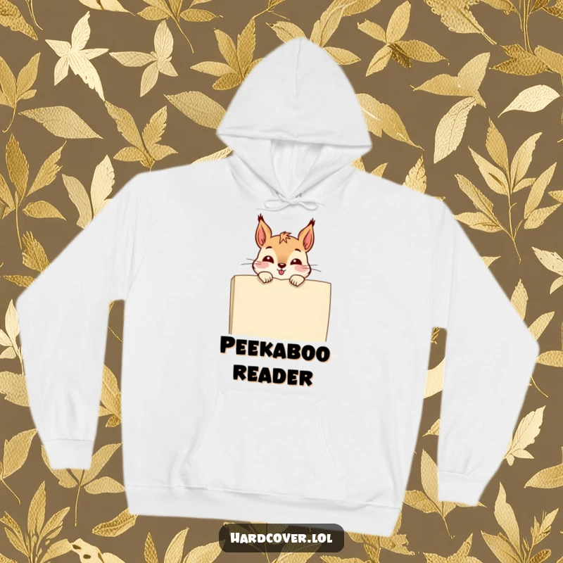 Funny hoodie featuring a giggling squirrel peeking over a book, offering warmth and a touch of woodland humor.