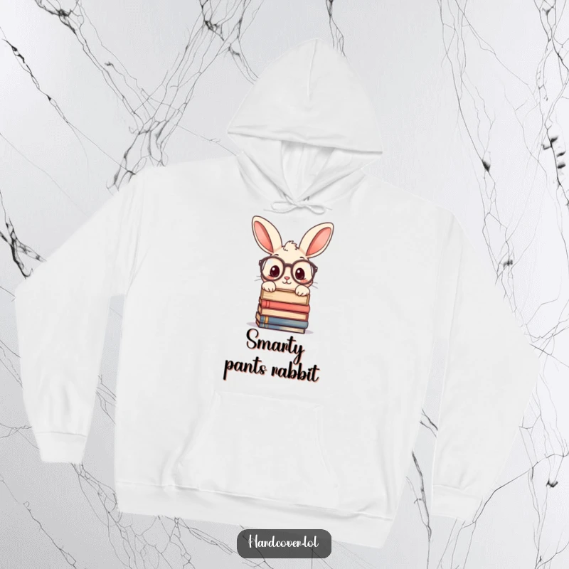 Funny hoodie with a curious rabbit character wearing large glasses, peeking over a stack of books. Cozy and scholarly.