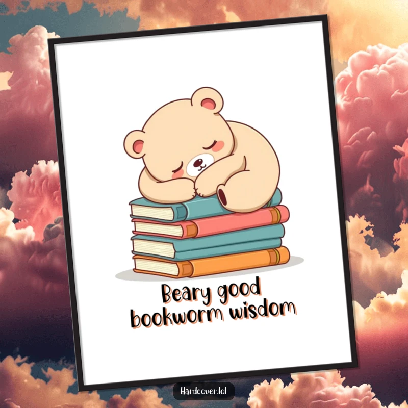 Funny free printable wall art depicting a serene sleepy bear napping on a pile of books, ideal for reading spaces.