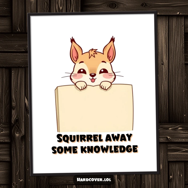 Funny Free Printable Wall Art: A joyful squirrel with a mischievous grin, peeking over the cover of a large book.