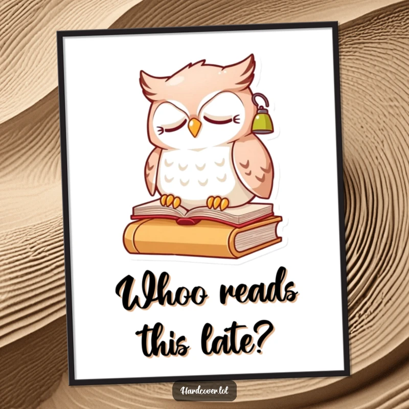 Funny Free Printable Wall Art: A sleepy owl wearing a reading lamp perches on an open book.