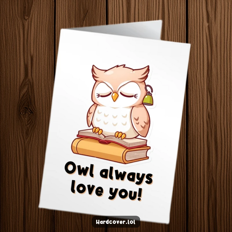 Funny Free Printable Birthday Card: A sleepy owl wearing a reading lamp perches on a book.