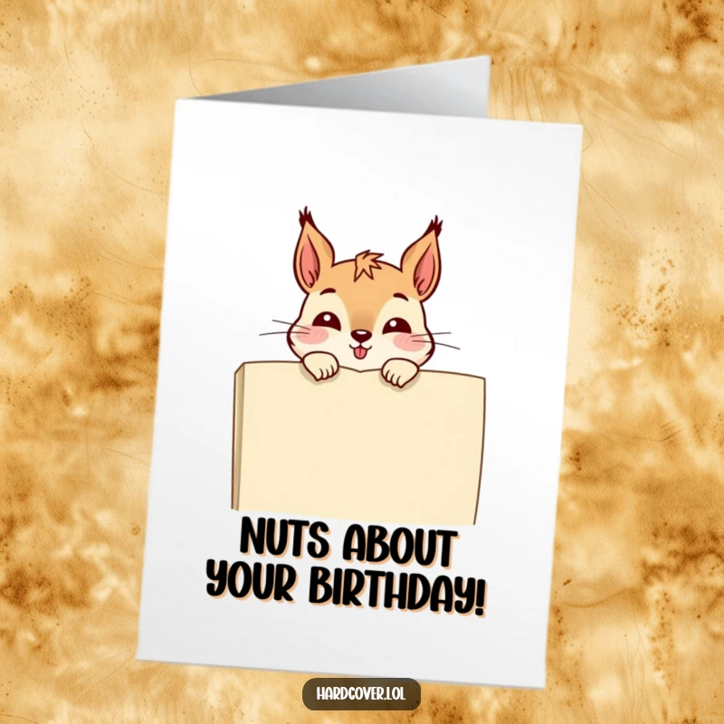 Funny Free Printable Birthday Card: A mischievous squirrel giggling while peeking over a large open book.