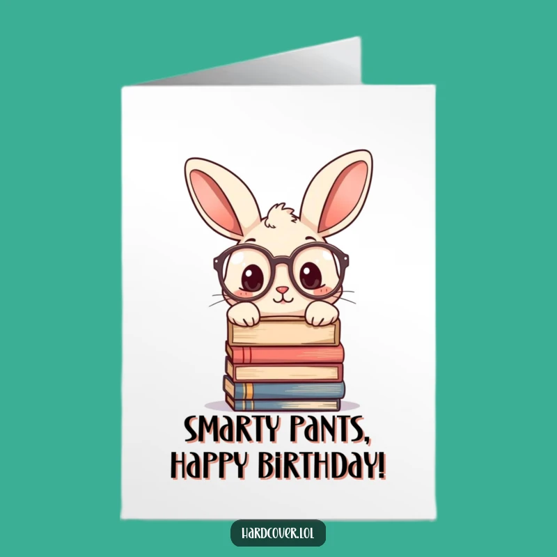 Free Printable Rabbit Birthday Card: Glasses Books Peek Funny Downloadable Gift