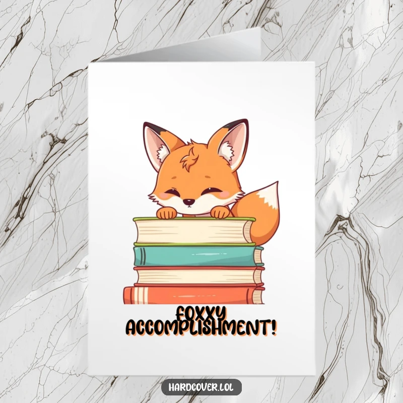 Free Printable Congrats Card: A curious fox peeking over a pile of books, celebrating a clever accomplishment.