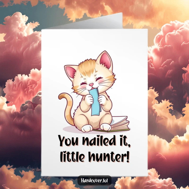 Funny free printable congratulations card showing a playful kitten batting at a book's bookmark, perfect for celebrating wins.