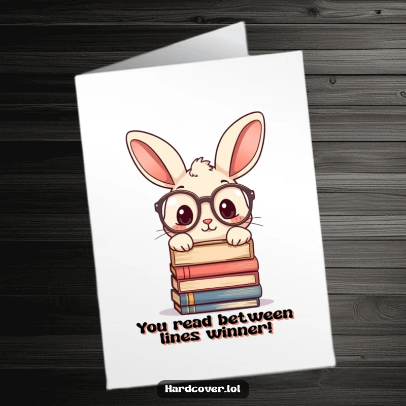 Funny Free Printable Congratulations Card: Curious rabbit in glasses peeking over books, celebrating their success.