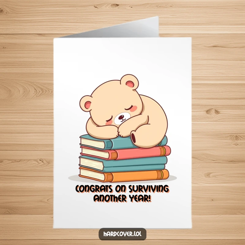 Funny free printable congratulations card showing a sleepy bear snoozing on books, ideal for a laid-back celebration.