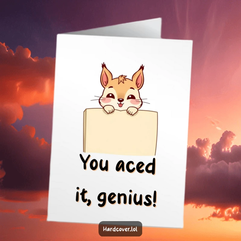 Funny Free Printable Congratulations Card: A happy squirrel peeking over the edge of a book and giggling.