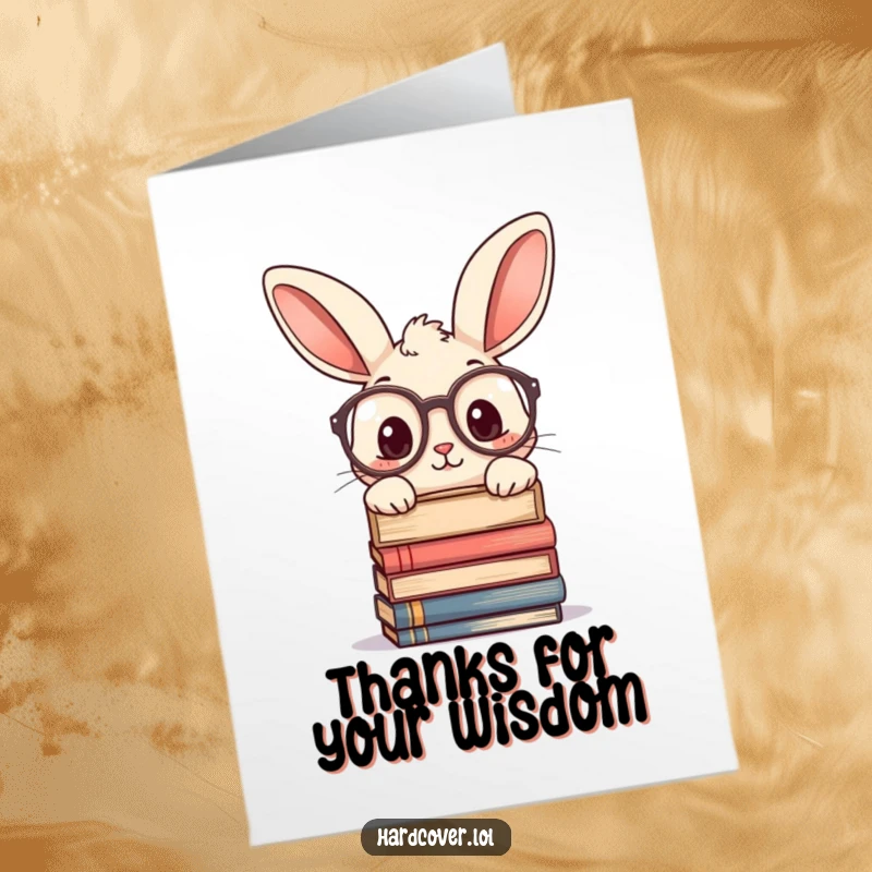Funny Free Printable Thank You Card: Curious rabbit in glasses peeking over books, pondering thanks.