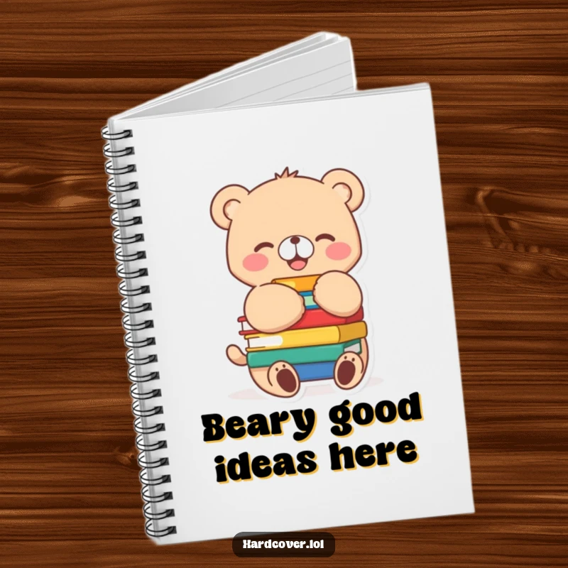 Funny bear cub character joyfully hugging a stack of colorful books, tail wagging, on a lined notebook cover.