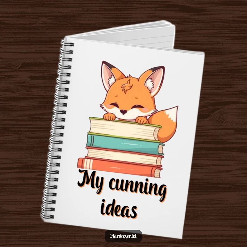 Funny fox notebook featuring a curious fox peeking over a stack of books, perfect for jotting down ideas with wit.