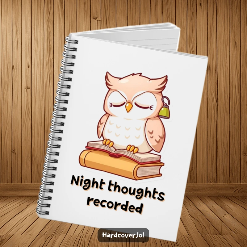 Funny sleepy owl character perched on a book, wearing a small reading lamp, on a lined notebook cover.