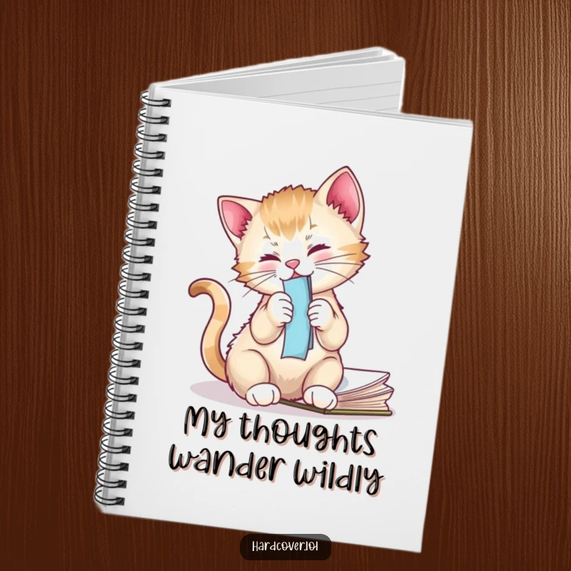 Funny kitten design on a notebook cover, cat is playfully batting a bookmark, inspiring creative writing.