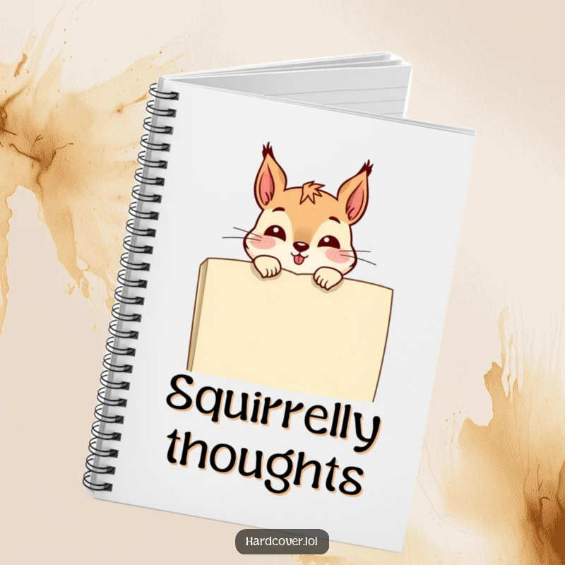 Funny notebook featuring a giggling squirrel peeking over a book, perfect for writing notes and journaling.