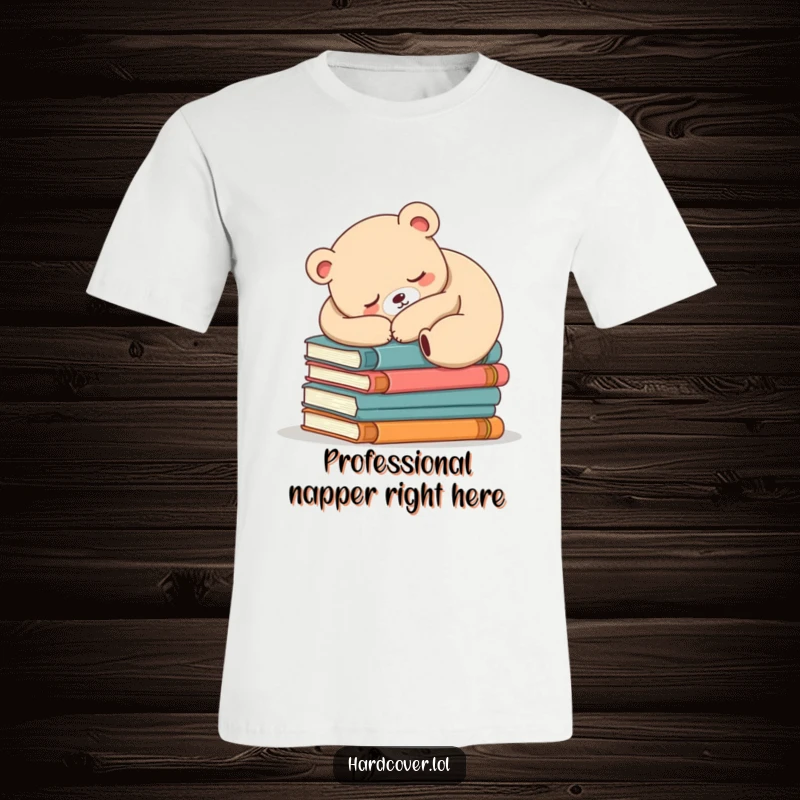 Funny sleepy bear character peacefully snoozing on a large pile of colorful books, embodying coziness and reading passion.