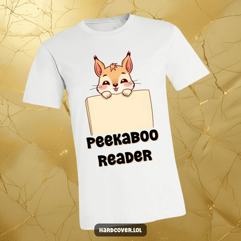 Funny t-shirt depicting a giggling squirrel peeking over the edge of a book, showcasing a love for reading.