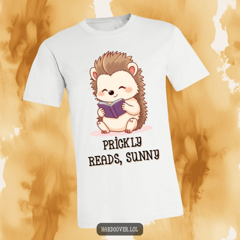 Funny content hedgehog character basking in light, reading a tiny storybook, printed on a soft t-shirt.