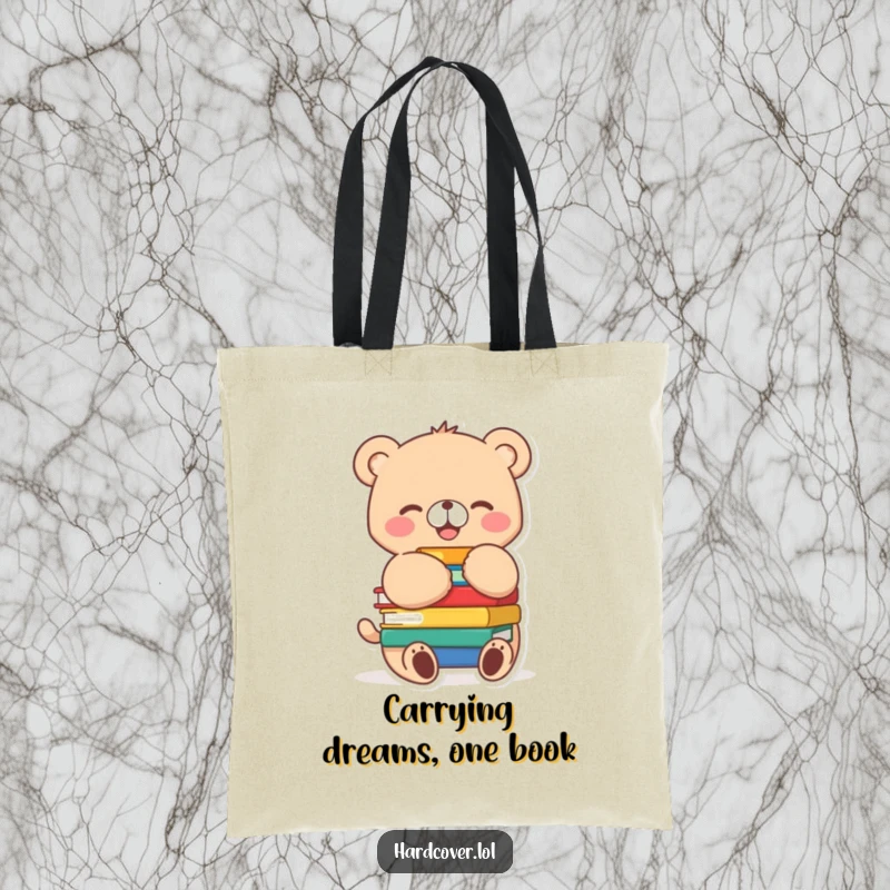 Funny bear cub character joyfully hugging a stack of colorful books, tail wagging, on a durable tote bag.