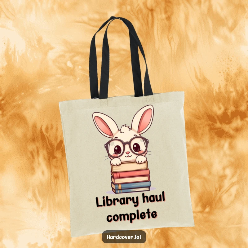 Funny tote bag showing a curious rabbit wearing large glasses, peeking over a stack of books. Practical and charming for book lovers.