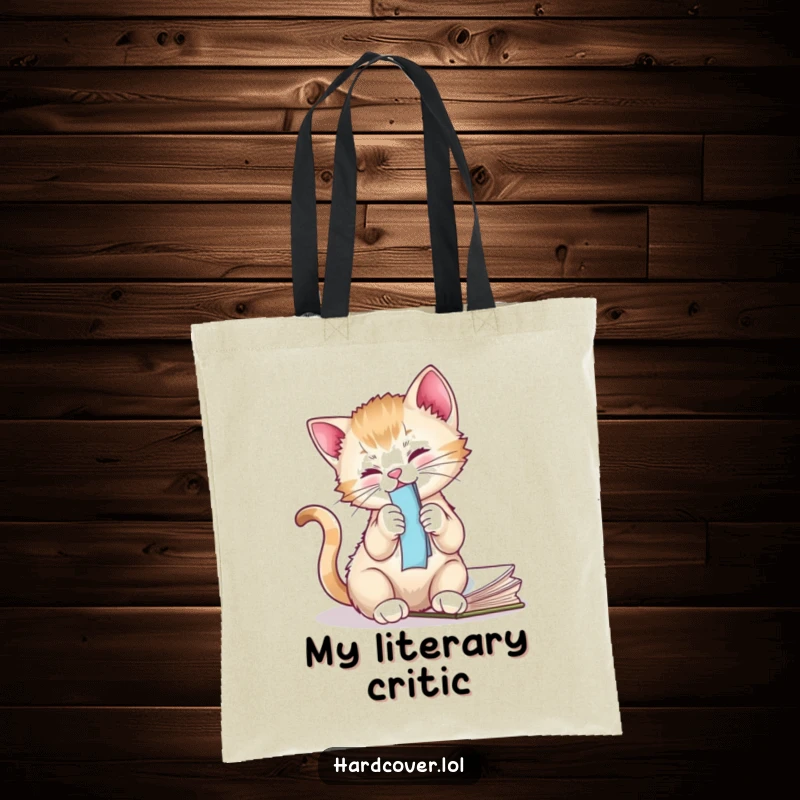 Funny kitten illustration on a tote bag, playfully attacking a bookmark in a novel, a must-have for cat lovers.